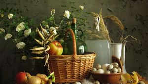 Preview wallpaper still life, apples, basket, eggs