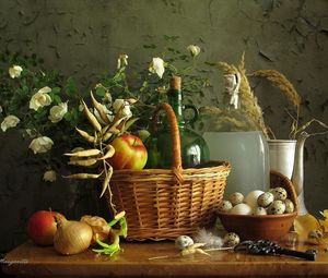 Preview wallpaper still life, apples, basket, eggs
