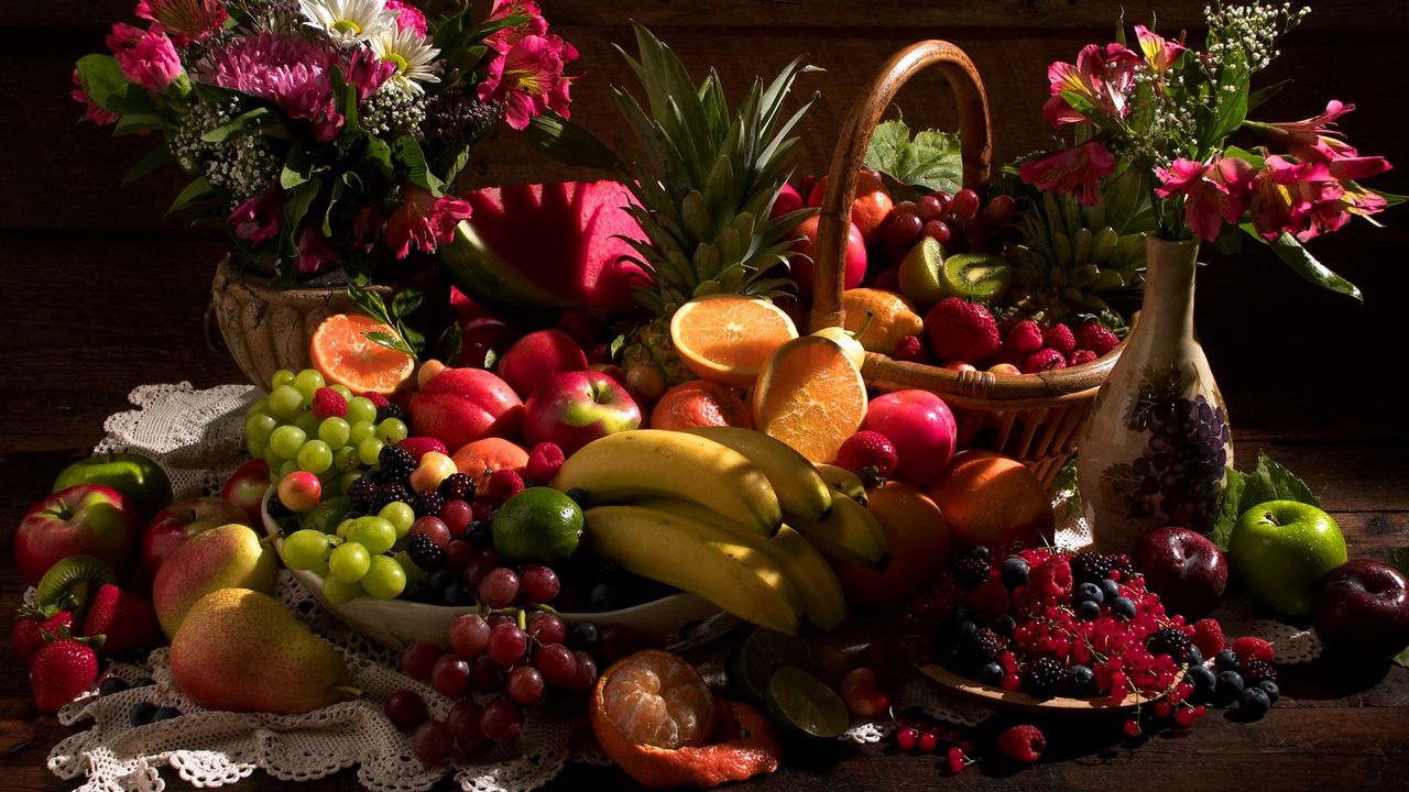 Wallpaper still life, table, fruit, flowers