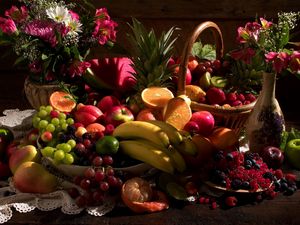 Preview wallpaper still life, table, fruit, flowers