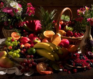 Preview wallpaper still life, table, fruit, flowers