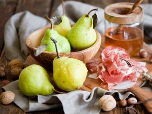 Preview wallpaper still, nuts, honey, pear, jamon