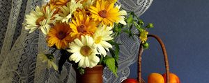 Preview wallpaper still, peaches, bouquet, gerbera, basket