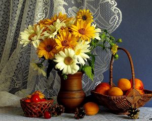 Preview wallpaper still, peaches, bouquet, gerbera, basket