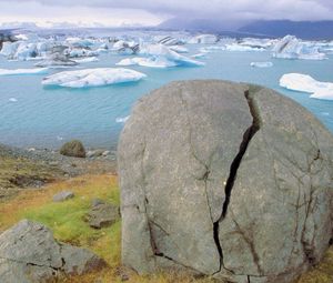 Preview wallpaper stone, cranny, coast, glaciers, water, cold