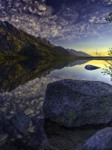 Preview wallpaper stone, gray, mountains, reflection, lake