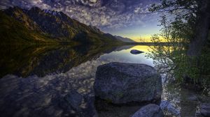 Preview wallpaper stone, gray, mountains, reflection, lake