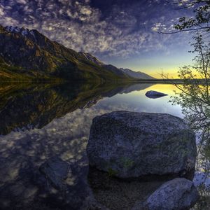 Preview wallpaper stone, gray, mountains, reflection, lake