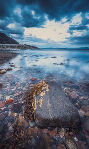 Preview wallpaper stone, pebbles, sea, horizon, sky