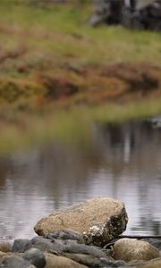 Preview wallpaper stone, pond, blur, landscape, nature