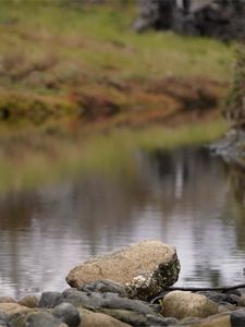 Preview wallpaper stone, pond, blur, landscape, nature