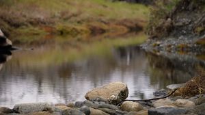 Preview wallpaper stone, pond, blur, landscape, nature