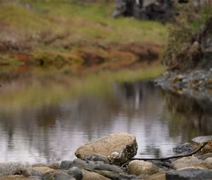 Preview wallpaper stone, pond, blur, landscape, nature