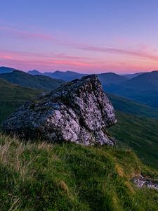 Preview wallpaper stone, slope, grass, valley, mountains