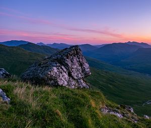 Preview wallpaper stone, slope, grass, valley, mountains