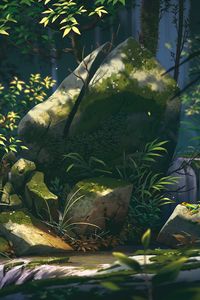 Preview wallpaper stone, waterfall, plants, branches