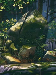 Preview wallpaper stone, waterfall, plants, branches