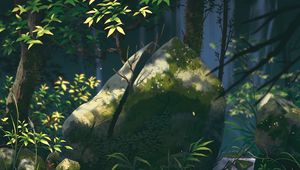 Preview wallpaper stone, waterfall, plants, branches