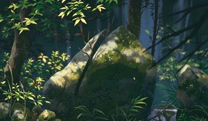 Preview wallpaper stone, waterfall, plants, branches