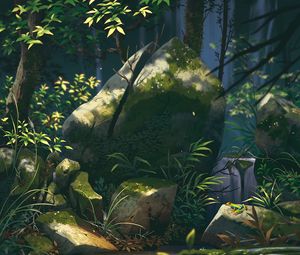 Preview wallpaper stone, waterfall, plants, branches