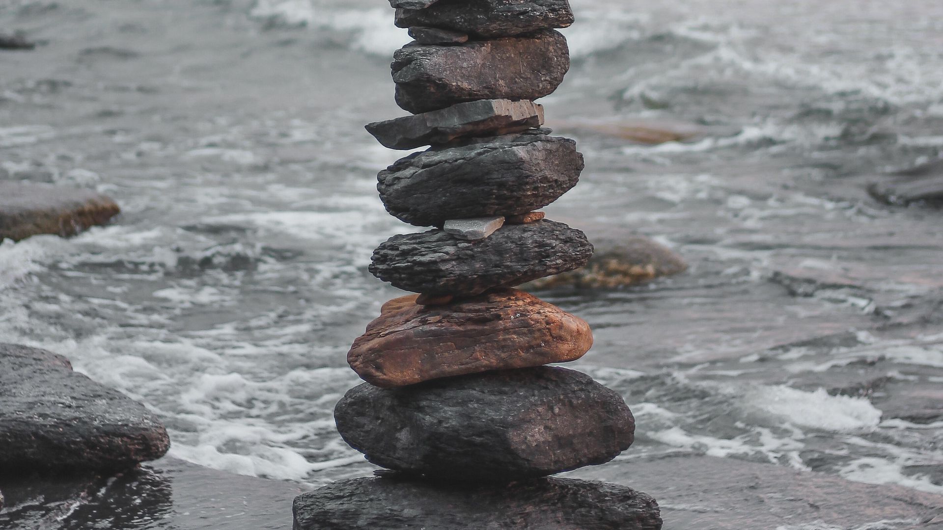 Download wallpaper 1920x1080 stones, balance, harmony, sea, waves full