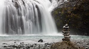 Preview wallpaper stones, balance, waterfall, nature, landscape