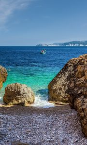 Preview wallpaper stones, beach, sea, pebbles, boat