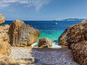 Preview wallpaper stones, beach, sea, pebbles, boat