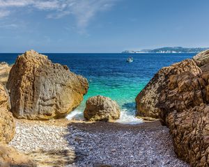 Preview wallpaper stones, beach, sea, pebbles, boat