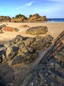 Preview wallpaper stones, blocks, coast, sand, sea