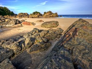 Preview wallpaper stones, blocks, coast, sand, sea