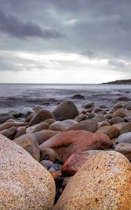 Preview wallpaper stones, boulders, landscape, sea, shore, horizon