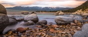 Preview wallpaper stones, boulders, sea, mountains