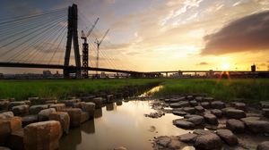 Preview wallpaper stones, bridge, grass, greens, city