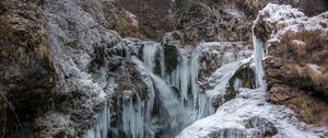 Preview wallpaper stones, cliff, ice, icicles, lake, bridge