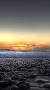 Preview wallpaper stones, coast, beach, wave, sand, evening, decline