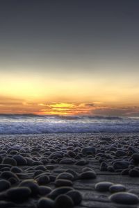 Preview wallpaper stones, coast, beach, wave, sand, evening, decline