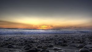 Preview wallpaper stones, coast, beach, wave, sand, evening, decline