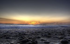 Preview wallpaper stones, coast, beach, wave, sand, evening, decline