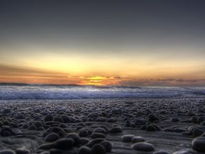 Preview wallpaper stones, coast, beach, wave, sand, evening, decline