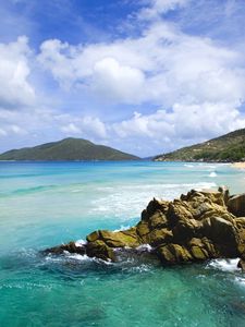 Preview wallpaper stones, coast, blue water, tropics, sky, surf