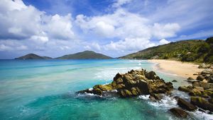 Preview wallpaper stones, coast, blue water, tropics, sky, surf