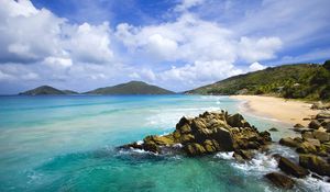 Preview wallpaper stones, coast, blue water, tropics, sky, surf