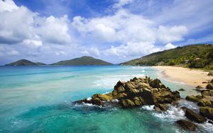 Preview wallpaper stones, coast, blue water, tropics, sky, surf