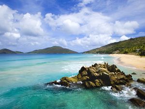 Preview wallpaper stones, coast, blue water, tropics, sky, surf