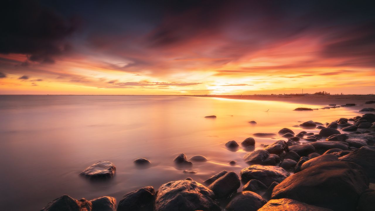 Wallpaper stones, coast, horizon, sunset