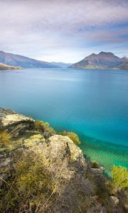 Preview wallpaper stones, coast, lake, water table, vegetation