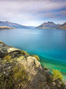 Preview wallpaper stones, coast, lake, water table, vegetation