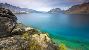 Preview wallpaper stones, coast, lake, water table, vegetation