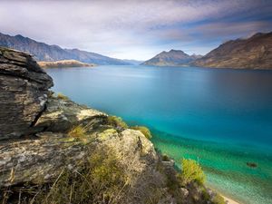 Preview wallpaper stones, coast, lake, water table, vegetation